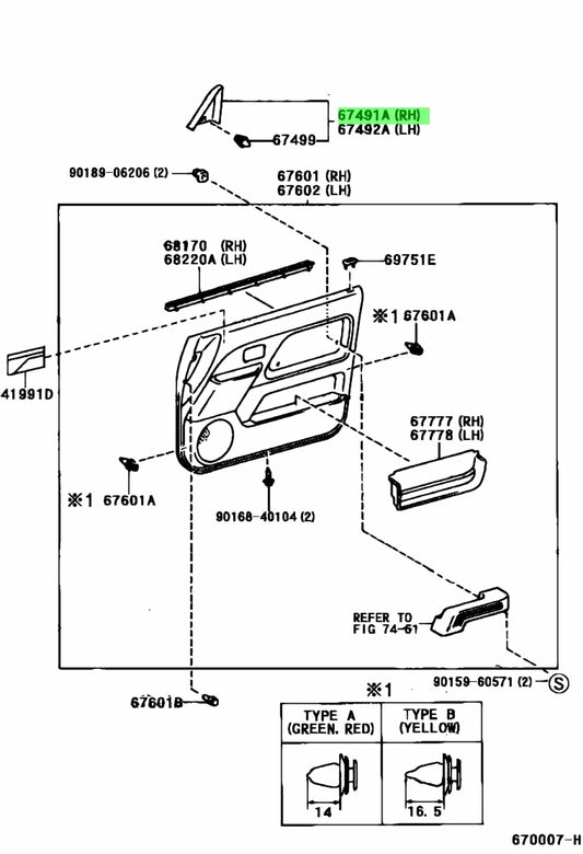 Garnitures de porte Prado 90 gauche et droite, références 67491-60050 et 67492-60050